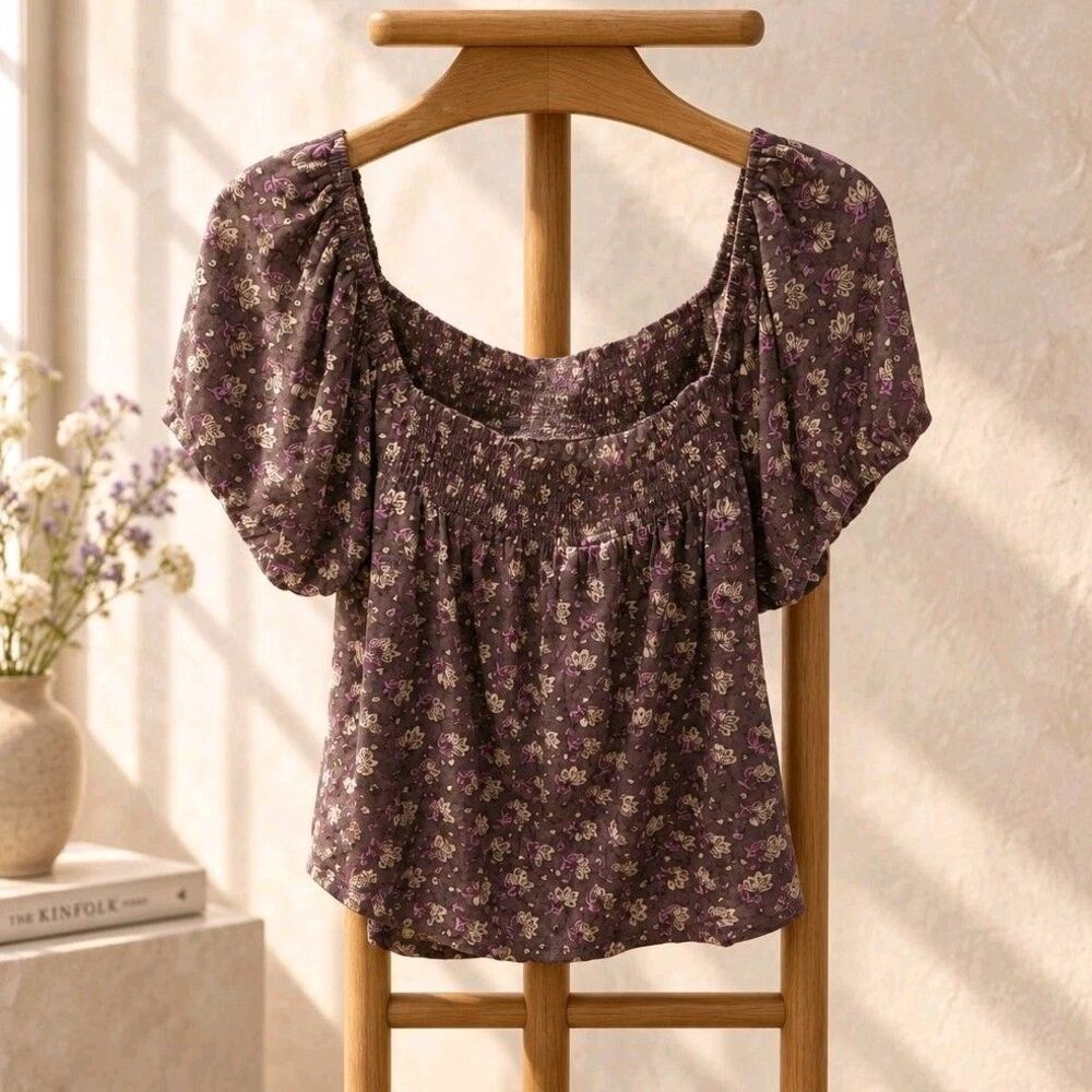 Purple Floral Smocked Square Neck Puff Short Sleeve Blouse Top